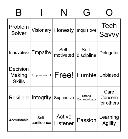 Lidership Bingo Card