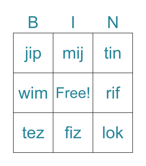 Non Sense Words Bingo Card