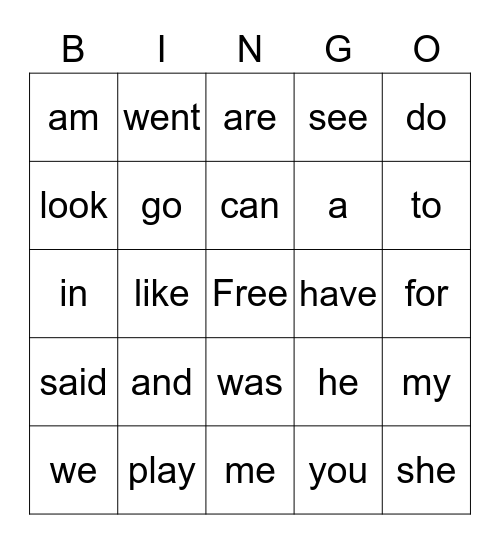 Kinder Sight Word BINGO Card