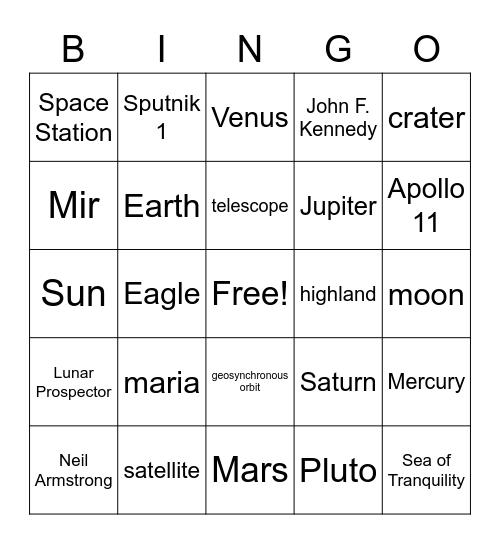 7th Grade Science Ch2 Solar System Bingo Card