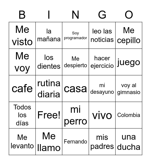 Verbos Reflexivos Bingo Card