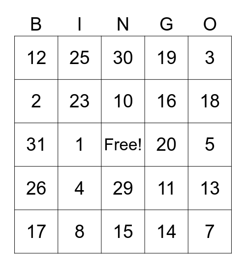 Spanish numbers Bingo Card