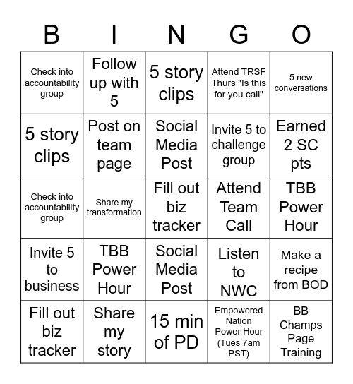 Team Cup Bingo Card