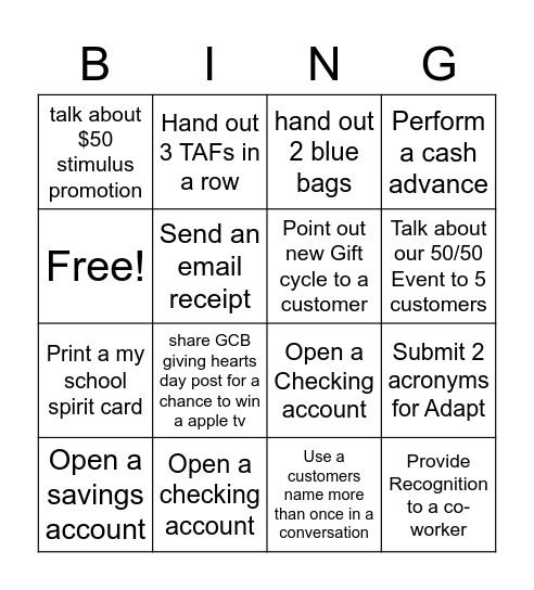 50/50 Bingo Card