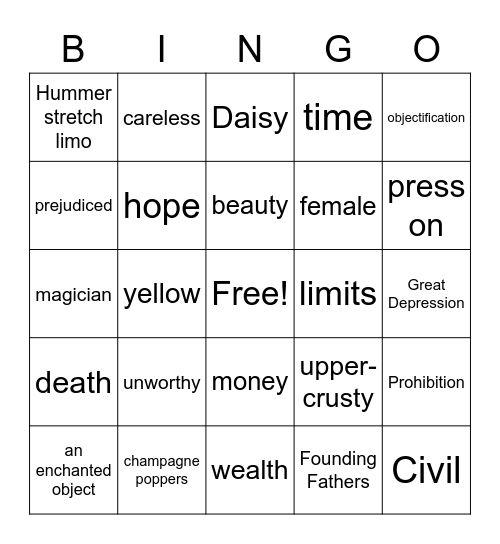 Great Gatsby Bingo Card