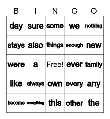 Sight Words Bingo Card
