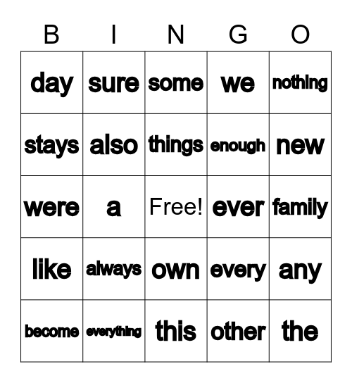 Sight Words Bingo Card