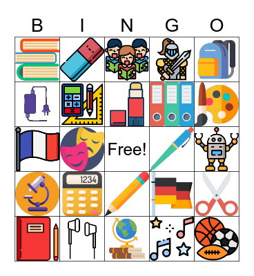 Schulsachen und Schulfächer Bingo Card
