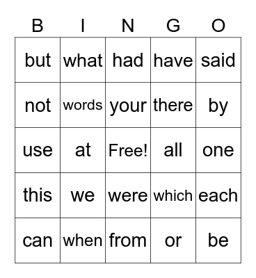 Sight Words Bingo Card