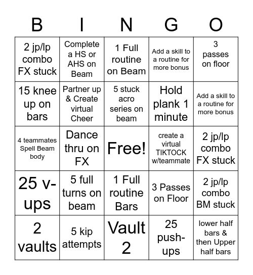 Friday Gymnastics Day Fun Bingo Card