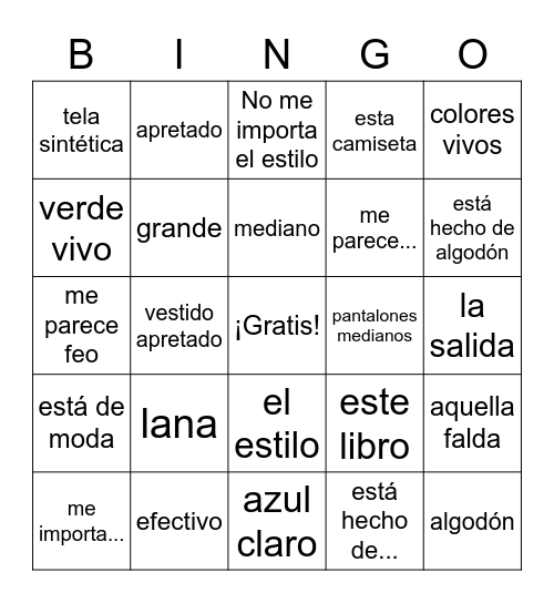 realidades 2 2b ropa Bingo Card