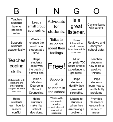School Counselor Bingo Card