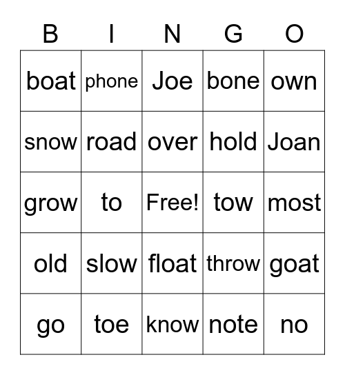 /o/ sound bingo Card