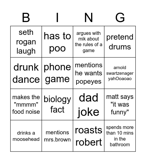 Matt Roes Bingo Card