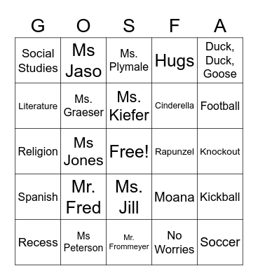 St. Francis Bingo Card