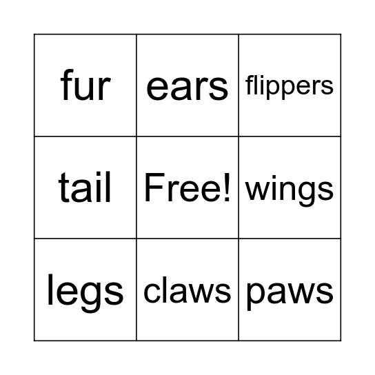 Animal Parts Bingo Card