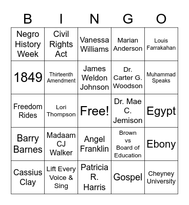 Cummins Black History Month Bingo Card