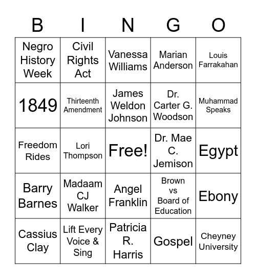 Cummins Black History Month Bingo Card