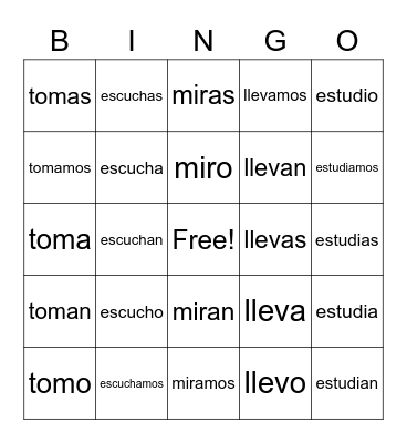 -Ar Verbs Bingo Card