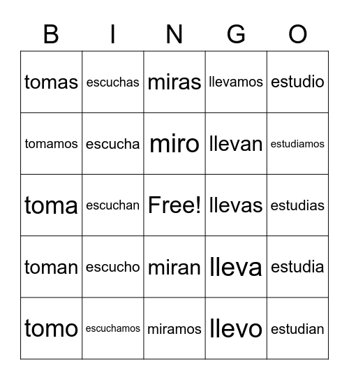 -Ar Verbs Bingo Card