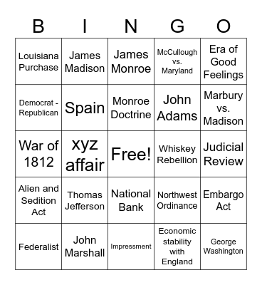 EARLY REPUBLIC Bingo Card