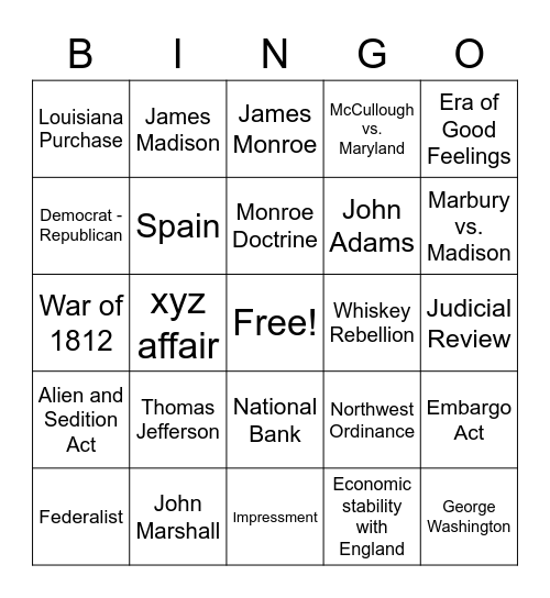 EARLY REPUBLIC Bingo Card