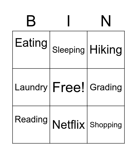 Weekend Bingo Card