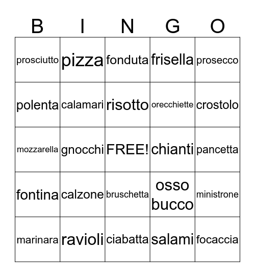 Foods of Italy Bingo Card