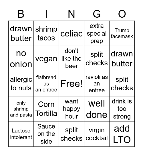 The Bitchy Waiter Bingo Card