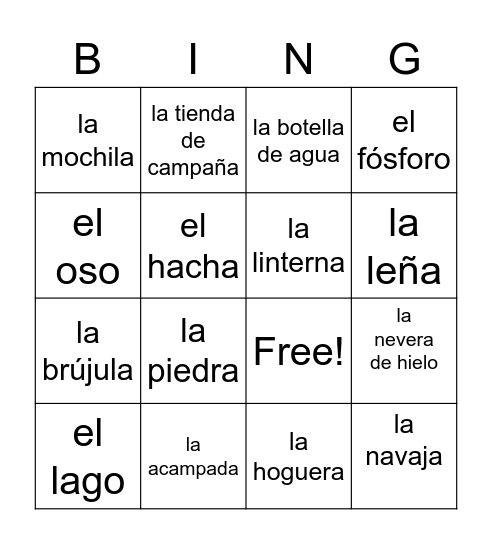 Vocabulario de Acampar Bingo Card