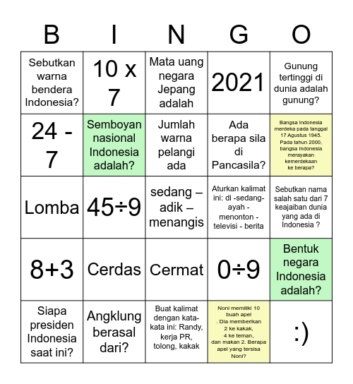 Kelas 5 SD Putaran 1 Bingo Card