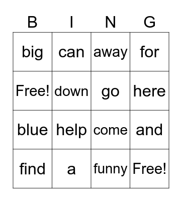 Sight Word Bingo Card