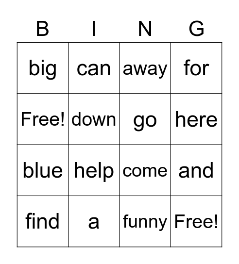 Sight Word Bingo Card