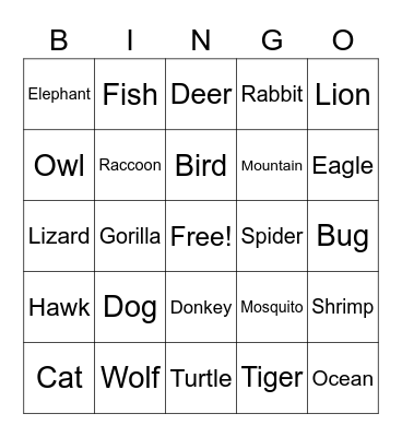 Animal Vocab Answers Bingo Card