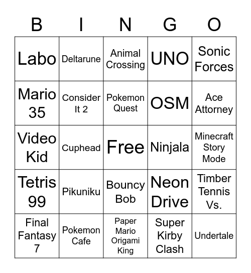 Nintendo Switch Bingo Card