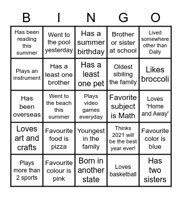 All About Me Bingo Card