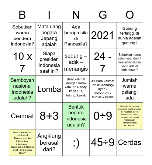 Kelas 5 SD Putaran 1 Bingo Card