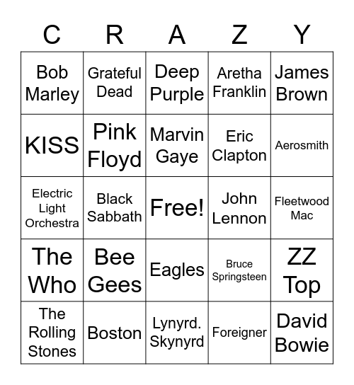 70's | Rd 4 | Top Artists Bingo Card
