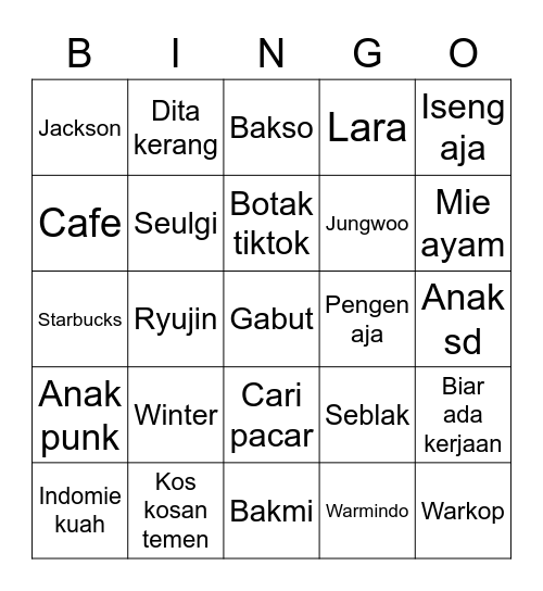 Ujin cantik Bingo Card