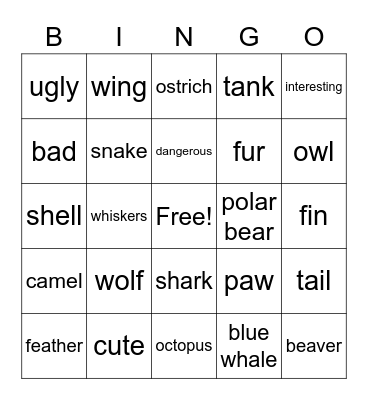 wild animals Bingo Card
