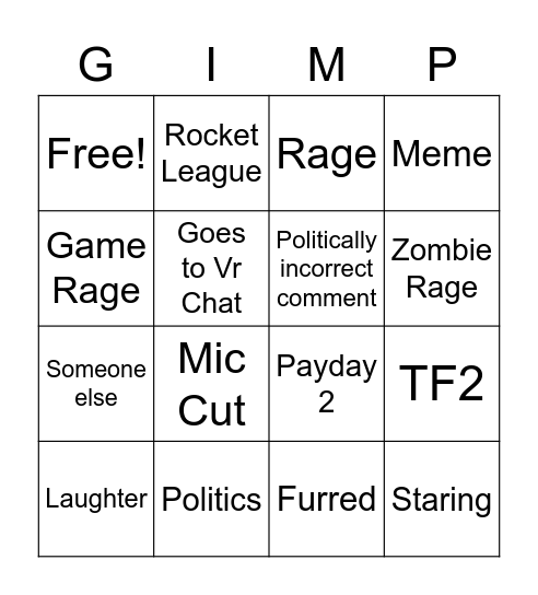 Gimpy's Rage Meter Bingo Card