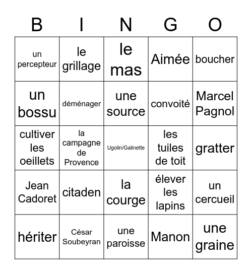 Jean de Florette Intro- Chap 4 Bingo Card