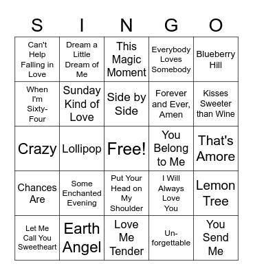 Love Songs Singo Bingo Card