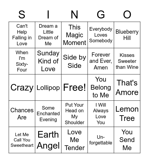 Love Songs Singo Bingo Card