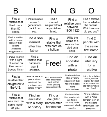 Family Search Bingo Card
