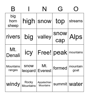 God Formed the Mountains Bingo Card