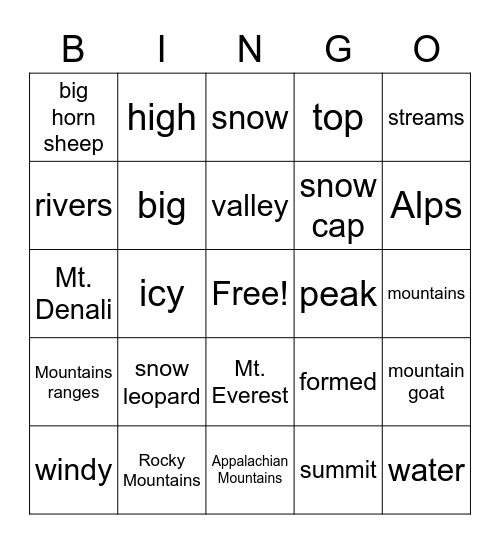 God Formed the Mountains Bingo Card