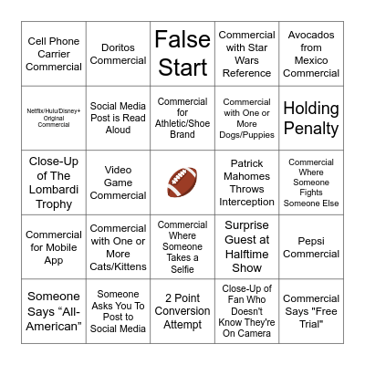 Super Bowl LV Bingo Card