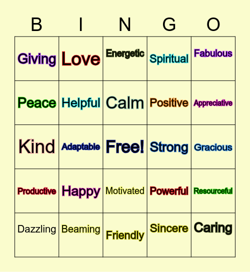 Positive Words Bible Bingo Card