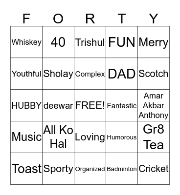 Happy 40th Birthday Bingo Card